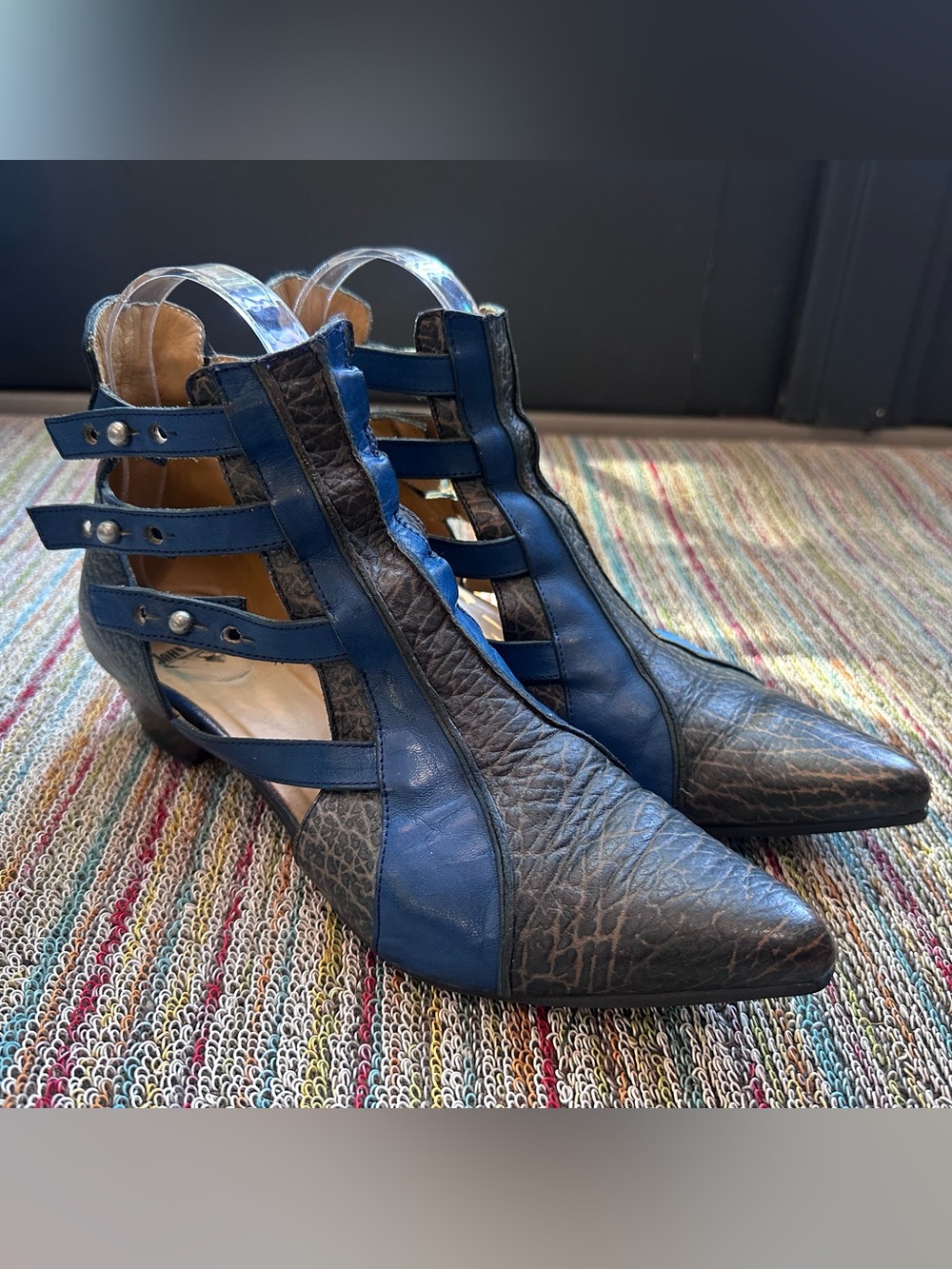 Fluevog Truth Bekkie brown embossed/blue leather strappy ankle boot-7 (fits 6.5)